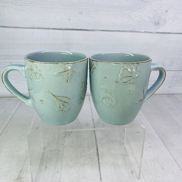 Thomson Pottery CAPE COD Embossed Seashells Stoneware 10.5oz 4"T Cups Mugs Set 2 - Picture 2 of 15